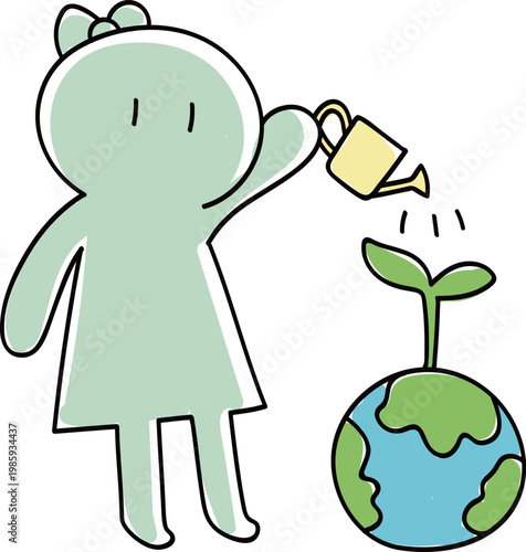 Girl Character Watering Small Plant on Earth Globe for Reforestation