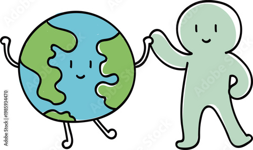 Happy Character Holding Hands with Earth Globe Friend for Eco Unity