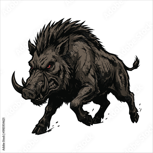 Dynamic and aggressive illustration of a charging wild boar, its powerful form and piercing red eyes conveying the untamed spirit and formidable strength of nature's most intense creatures