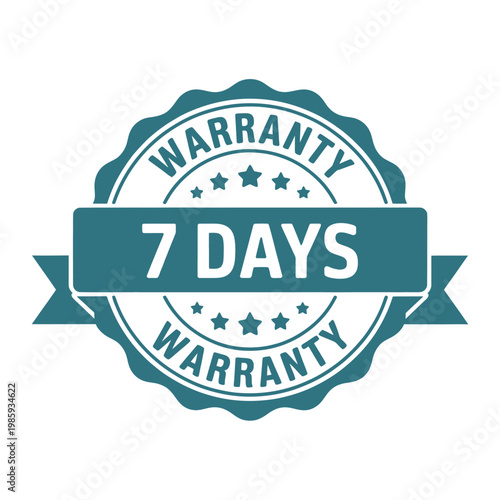 A teal warranty badge displaying a seven day guarantee with star accents