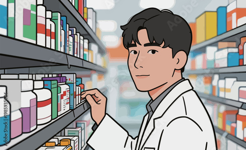 Male Pharmacist Examining Shelf of Medicines