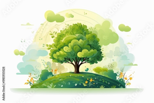 Green tree growing on a hilltop surrounded by flowers and bushes, symbolizing environmental conservation and sustainability