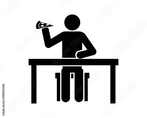 Person Eating Pizza Icon – Fast Food Meal Stickman Silhouette Vector.