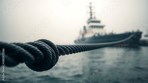 A taut black towline connects a tugboat to a distant ship in morning mist.