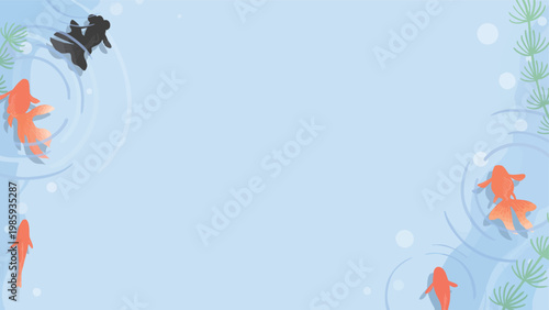 Top View Goldfish Diagonal Frame with Ripple Shadow Water Plants Vector 16:9 Horizontal Banner Background | 金魚 フレーム 俯瞰 波紋 影 水草 和風 動画 バナー 背景あり