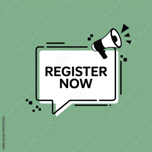 A graphic illustration featuring a megaphone and a register now message