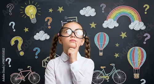 A young girl with braided hair and oversized glasses stands thoughtfully in front of a chalkboard filled with colorful illustrations of question marks, stars, 