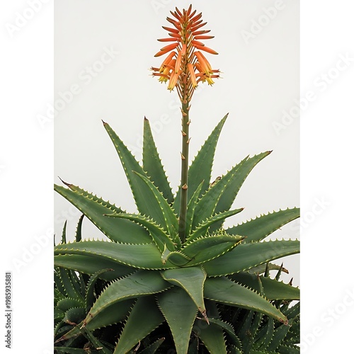 Aloe plant with long green leaves and a tall orange flower stem isolated on white background