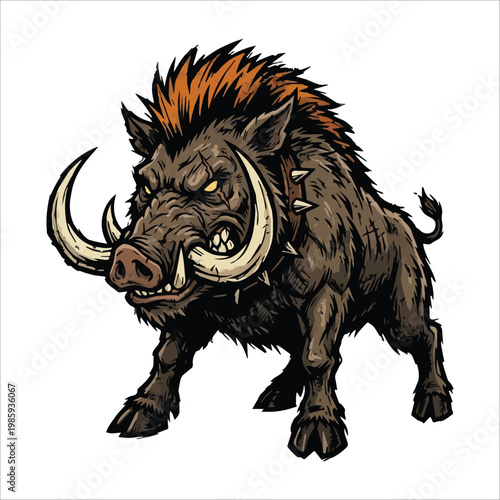 Ferocious and powerful wild boar illustration, featuring an aggressive stance, sharp tusks, and a spiky collar, embodying danger and untamed strength in a dynamic vector artwork