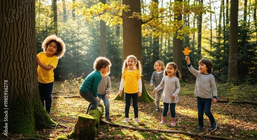 Children playing in forest together.