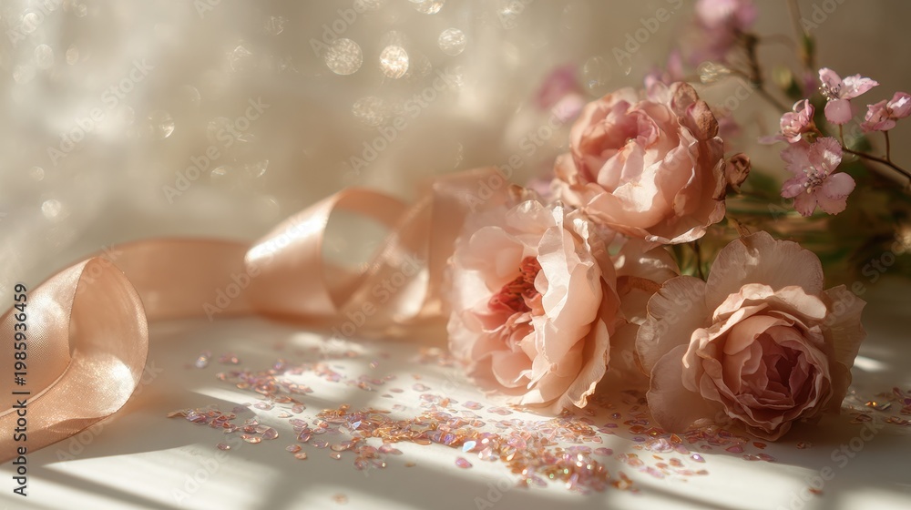 Fototapeta premium Romantic floral corner border featuring pink roses, curling satin ribbons, and sparkling confetti on a pastel backdrop