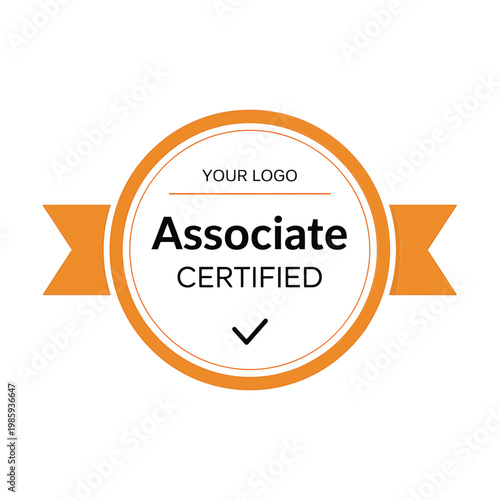 An orange and white badge displaying associate certified and a downward chevron