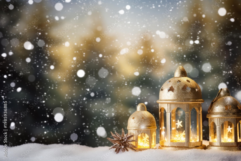 Fototapeta premium Warm illuminated lanterns standing on snow against a bokeh winter background