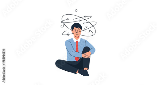 Businessman sitting with confused thoughts and disorganized ideas floating above his head