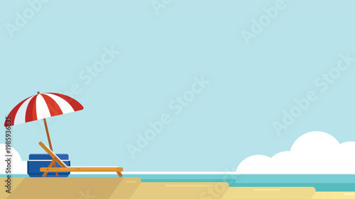 Clean and minimalist beach flat illustration landscape on blue sky background suitable for summer vacation and nature design material