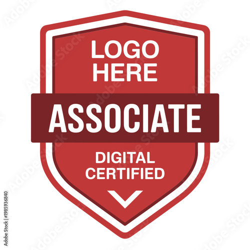 A red and white shield shaped logo with text indicating associate digital certification