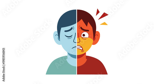 Bipolar disorder illustration. Mental health concept. Man with two faces. Split personality. Emotional states. Vector graphic. Psychology symbol. Health issue. Cartoon style.
