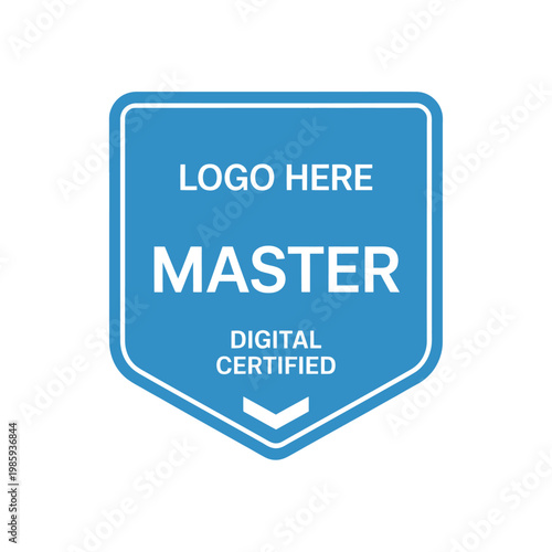 A blue shield shaped logo with the words logo here master and digital certified