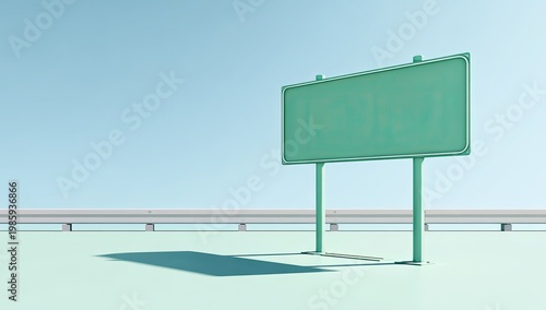 Empty green highway sign casts long shadow under bright, clear sky