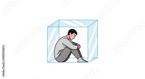 Man trapped in glass box. Person feeling confined. Isolated individual. Vector illustration. Glass prison. Feeling trapped. Depressed person. White background.