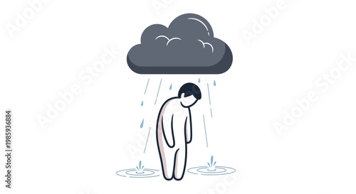 Sad man under rain cloud. Depressed person. Rainy weather icon. Vector illustration of melancholy. Man with downcast head. Rain falling. Dark cloud. Simple line style. White background.