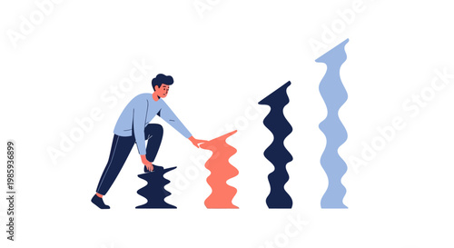 Man stacking wavy blocks. Vector illustration of person building unstable tower. Business concept. Office worker. Simple flat design. White background.