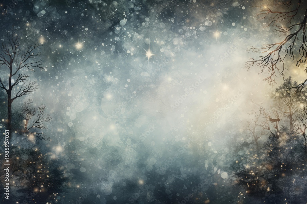 Fototapeta premium Dreamlike winter forest background featuring sparkling stars and glowing bokeh lights