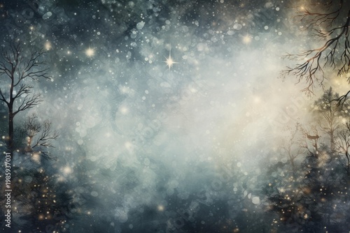 Dreamlike winter forest background featuring sparkling stars and glowing bokeh lights