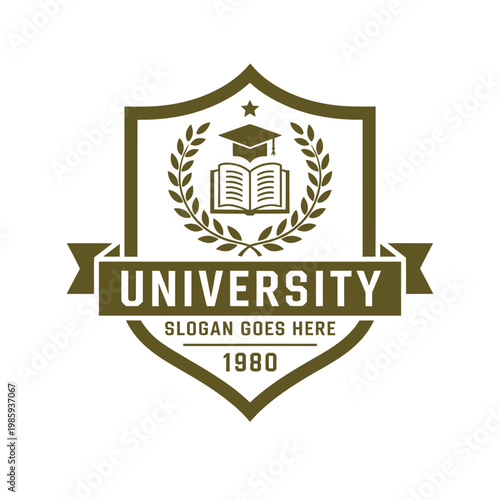 An ornate university crest featuring a book laurel wreath and graduation cap