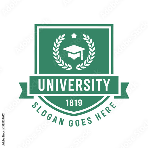 A green university crest with a graduation cap and laurel wreaths design