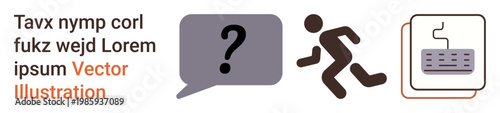 Communication, problem-solving, urgency, digital presence, workflow, decision-making. A speech bubble with a question mark, a running figure and a keyboard symbol. Communication and problem-solving