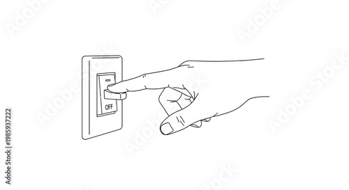 Hand turning light switch on. Vector illustration of hand and switch on white background. Light switch icon. Turning on light. Simple line drawing.