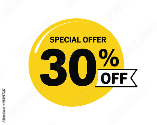 A bright yellow circular badge announces a thirty percent off special offer