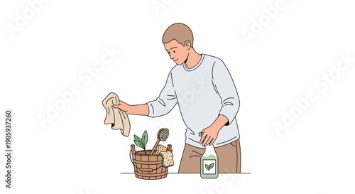 Man cleaning with cloth and spray bottle. Household cleaning. Vector illustration. Man with cleaning supplies. Cleaning tools. Everyday life. Simple line style. White background.