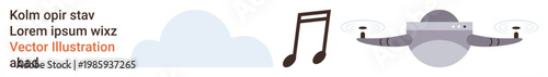 Technology advancements, communication systems, creativity in design, aerial innovation, cloud computing, and sound media. Visual includes a cloud, music note and quadcopter illustration. Aerial