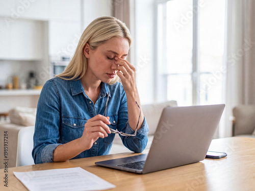 Φωτογραφία Overworked woman experiencing eye strain and fatigue while working on a laptop at her home office table
