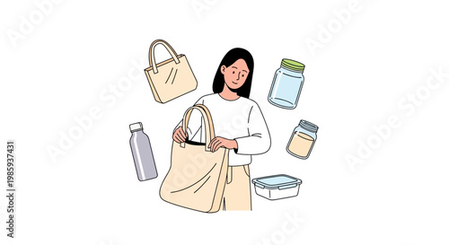 Woman with reusable shopping bag and eco friendly products. Zero waste lifestyle. Sustainable living. Vector illustration. Shopping bag. Water bottle. Container. Grocery. Minimalist style.