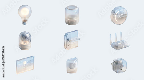 3D Glass Smart Home IoT Icon Set — Glassmorphism Lightbulb Speaker Thermostat Camera Lock Router Icons Isolated White Background