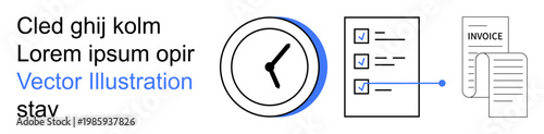 Time management, productivity, organization, business planning, workflow optimization, task tracking. Image displays a clock, checklist and invoice documents. Time management and productivity