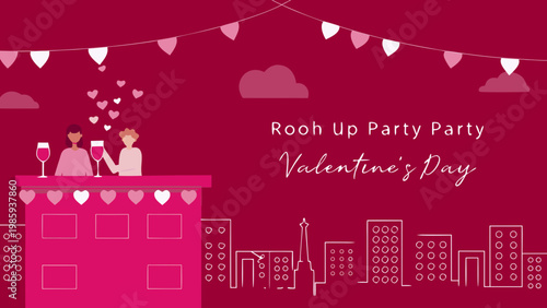 Valentine's day rooftop party illustration with city skyline and heart decorations at night