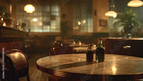 Two small bottles on a vintage diner's marble table, warm light illuminates cozy interior