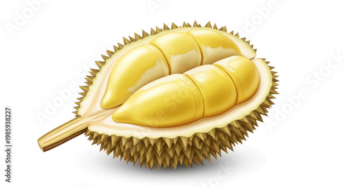 Detailed vector illustration of a halved durian fruit, revealing its creamy yellow segments and spiky outer shell, set against a clean white background with vibrant colors and a focus