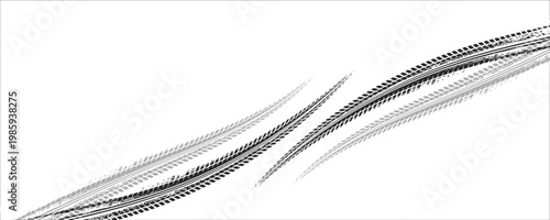 Tire tread marks, wheel textures, tire marks - car racing, motocross, drift, rally, off-road and others. Vector black isolated texture in grunge style with splashes.eps10