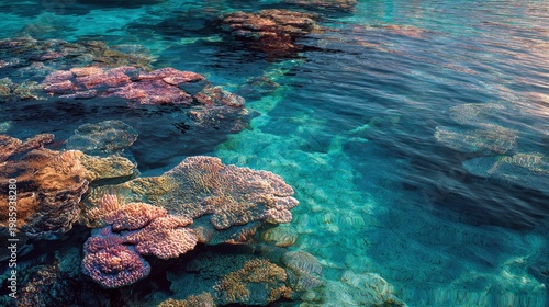 Underwater shot reveals vibrant coral reefs beneath rippling turquoise waters, reflecting golden sunlight