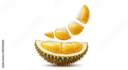 A vector illustration showcases a durian fruit, partially opened with a floating section, against a clean white background, rendered in bright, vibrant colors with meticulous detail