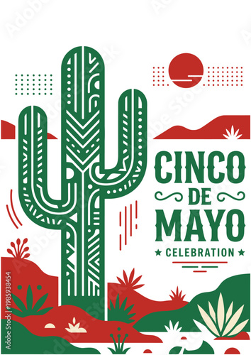 Cinco de Mayo Fiesta Illustration Featuring a Stylized Cactus, Desert Landscape, and Festive Text Celebrating the Holiday