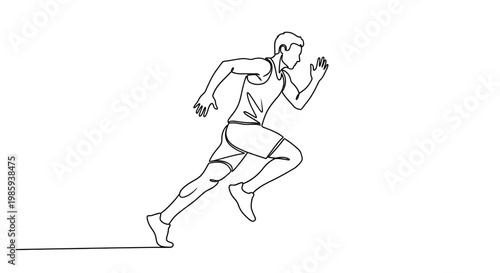 Continuous line drawing of a male sprinter running with determination and speed.