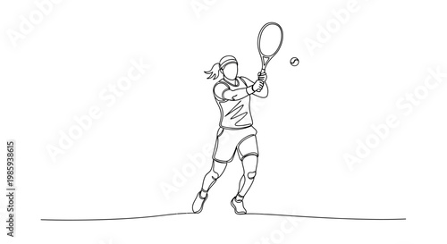 Continuous line drawing of a female tennis player hitting a forehand shot.