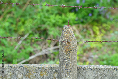 古いコンクリートの塀と有刺鉄線