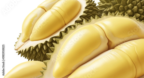 Close-up shot of a ripe durian fruit with its spiky husk, revealing the creamy yellow segments inside, presented in a bright, even lighting against a plain white background, giving a fresh